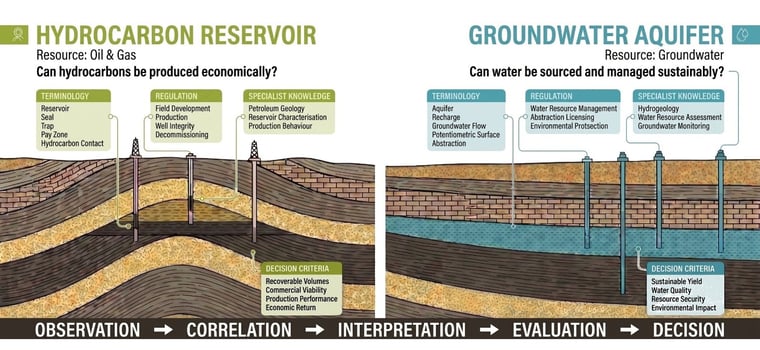 Side by side comparison of the specific “asks” for hydrocarbon reservoir vs. groundwater. Each side show the specifics (resource, terminology, regulation, knowledge and decision criteria) while along the bottom you see the same common workflow/transferrable skills: observation, correlation, spatial reasoning, data integration, interpretation decision and uncertainty. 